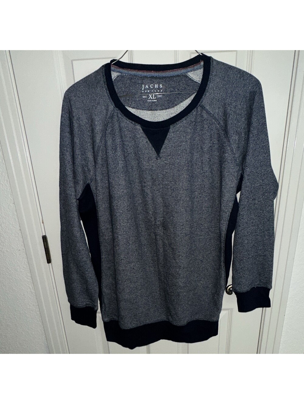 JACHS Men's XL Solid Blue Cotton Knit V-Neck Pullover Sweatshirt Ribbed LS